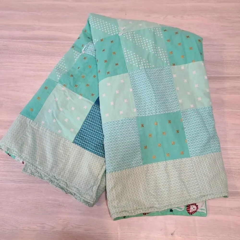 Handmade Baby Quilt Michael Miller Lion Navy Turquoise Stroller Blanket 36x27
